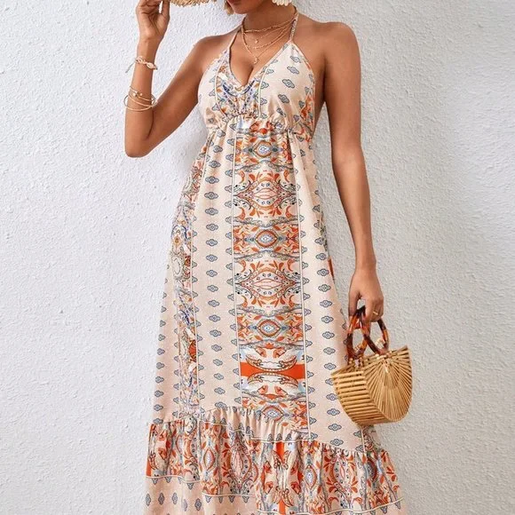 Tan Boho Womens Women's Printed Backless Vacation Dress - Picture 1 of 6